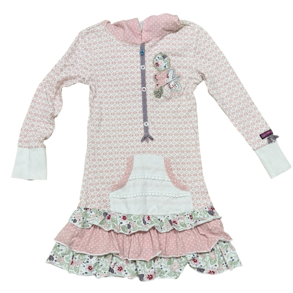 Naartjie Pink White Long Sleeve Kids Hooded Tunic Dress Floral Accents size XL 7